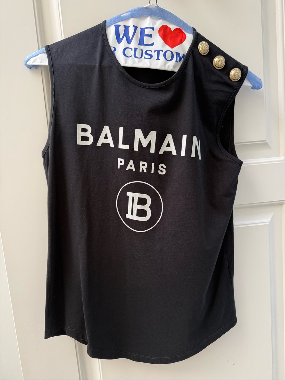 Balmain Black Logo Tank with Gold Shoulder Buttons